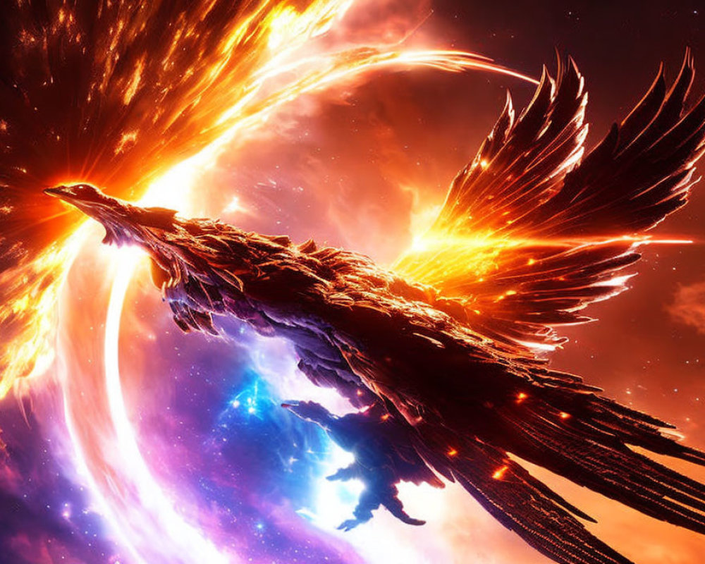 Majestic phoenix with fiery wings in vibrant cosmic background
