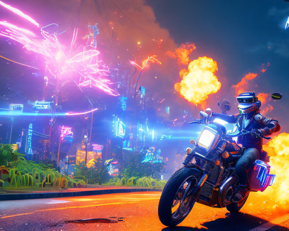 Futuristic motorcyclist in dynamic cityscape at night with neon signs and explosions