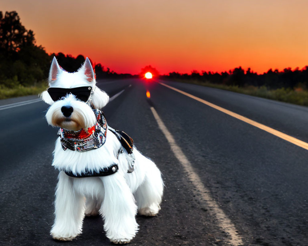 White Dog in Sunglasses and Bandana Stands on Road at Sunset