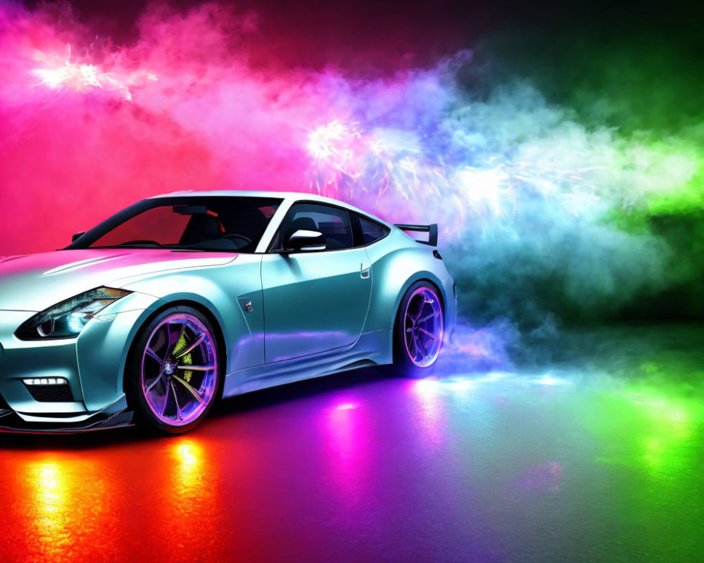 Silver sports car with colorful smoke effects and reflection on glossy surface