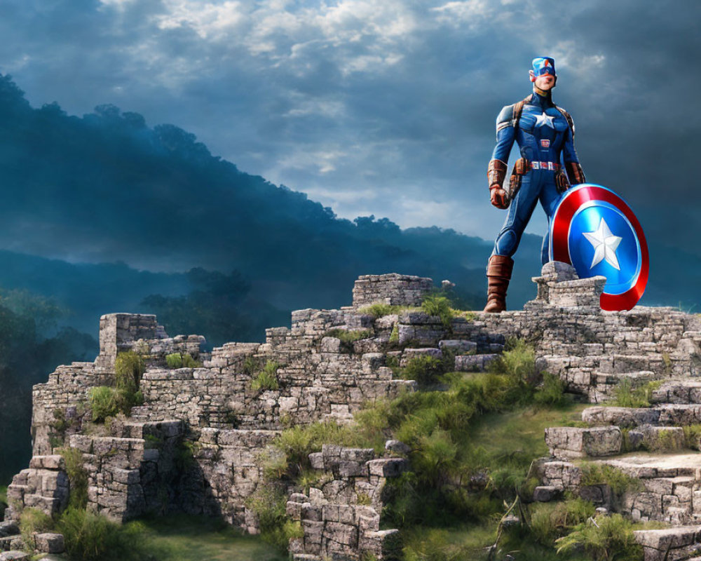 Heroic costumed character on ancient stone ruins under dramatic sky