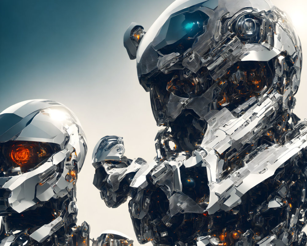 Detailed Robots with Glowing Eyes on Blue Sky