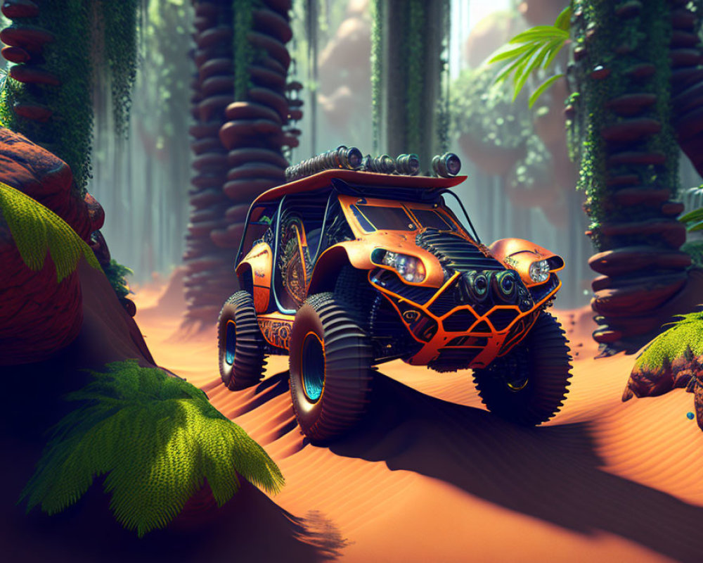 Colorful off-road buggy in intricate design parked in lush alien forest