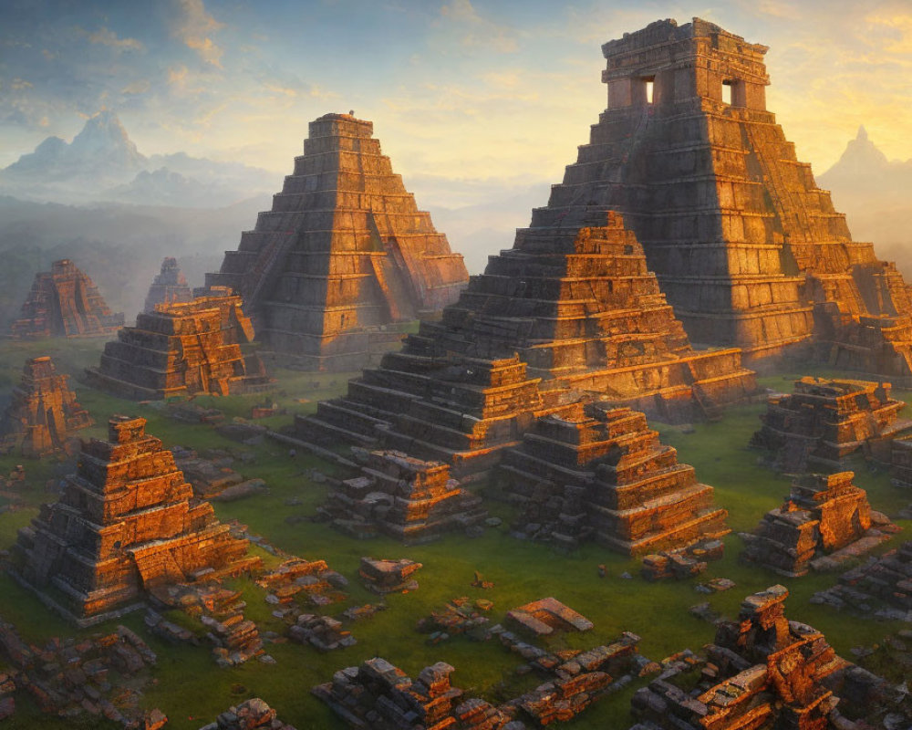 Ancient Mesoamerican Pyramids at Sunrise in Misty Jungle