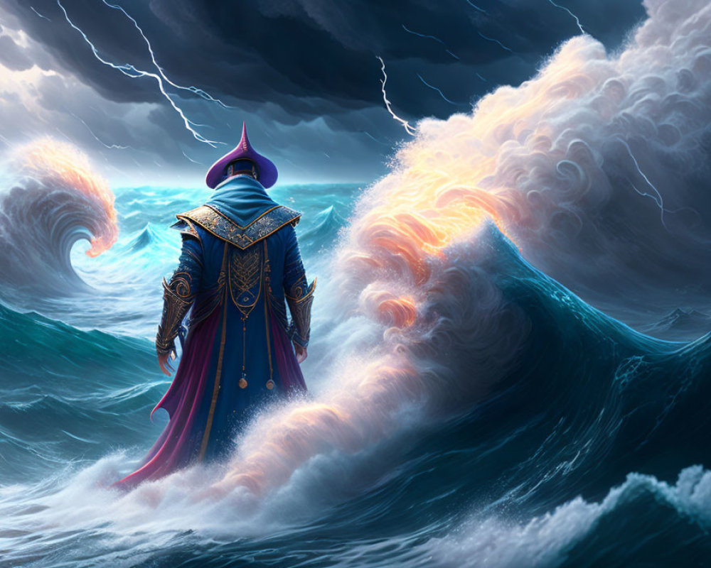 Figure in ornate blue cloak faces stormy sea waves and lightning.