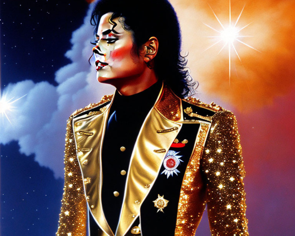 Vibrant portrait of person in gold and black military-style jacket against cosmic backdrop