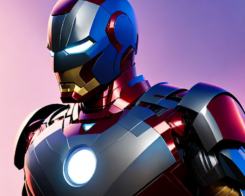 Detailed Iron Man suit with illuminated arc reactor on purple gradient background