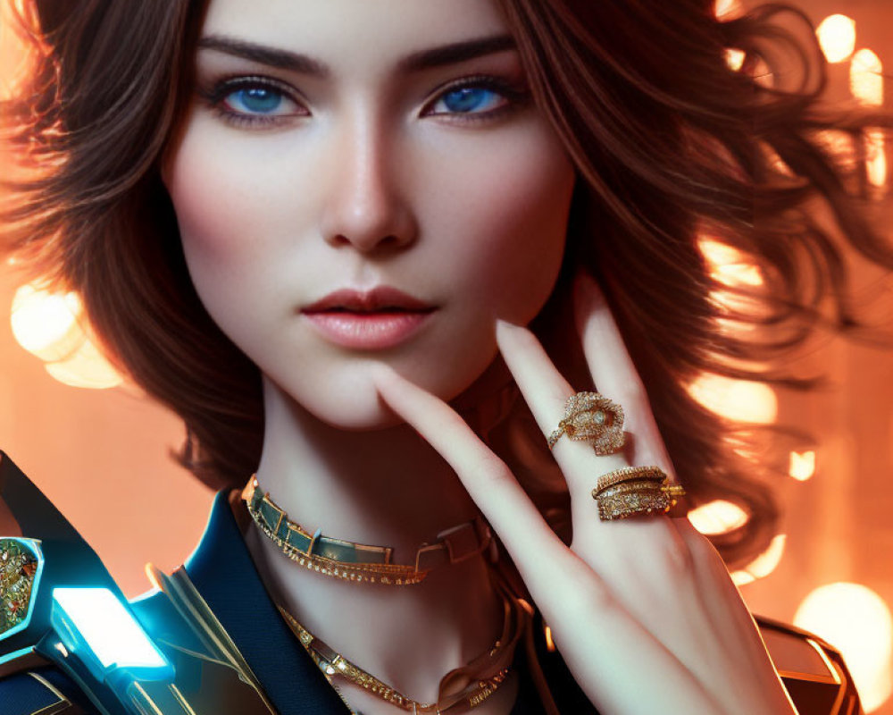 Digital artwork: Woman with blue eyes, wavy brown hair, gold jewelry, futuristic outfit.