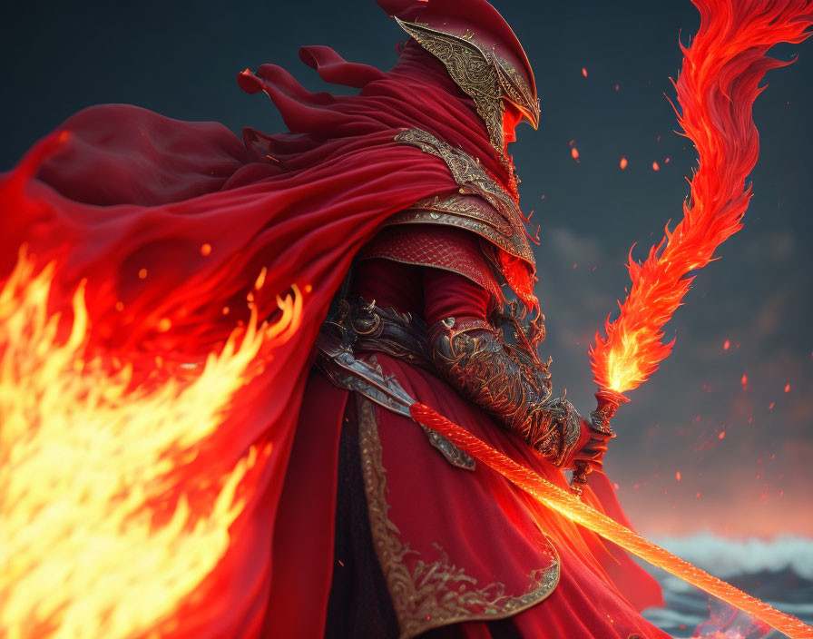 Majestic figure in red armor wields fiery sword amid dramatic clouds