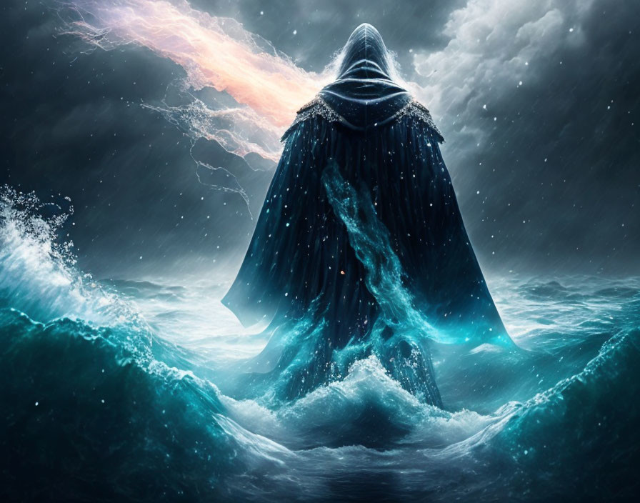 Cloaked figure in stormy ocean waves under mystical sky