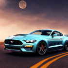 Blue Ford Mustang with Racing Stripes Under Full Moon at Dusk
