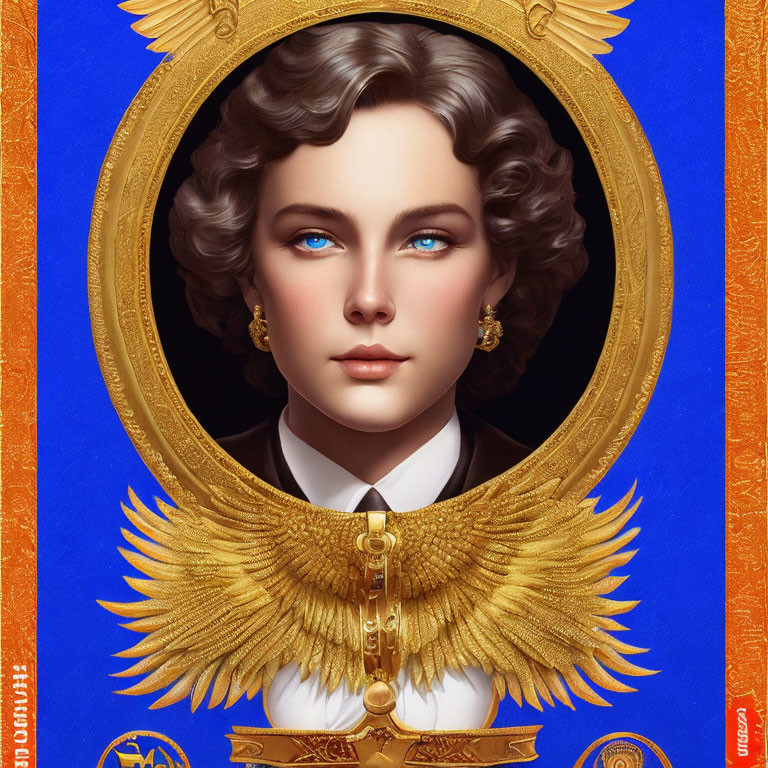Portrait of woman with blue eyes, curly hair, gold and blue frame, eagle wings, medall