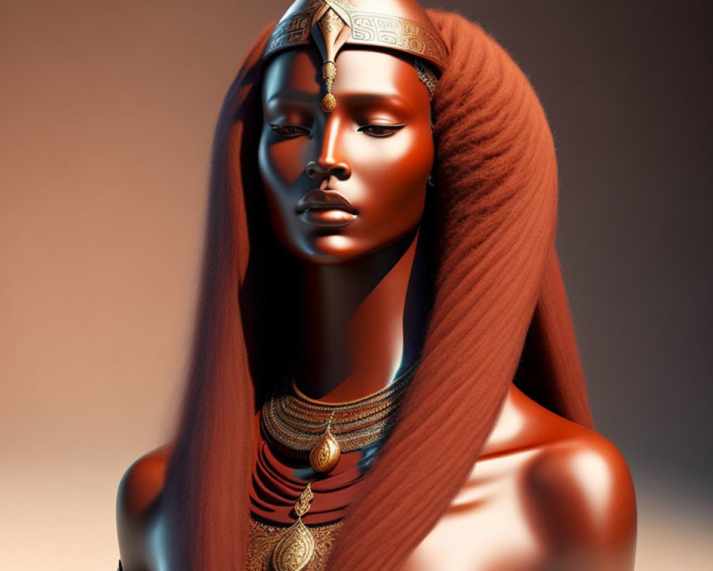 Bronze-skinned woman with golden headpiece on gradient backdrop