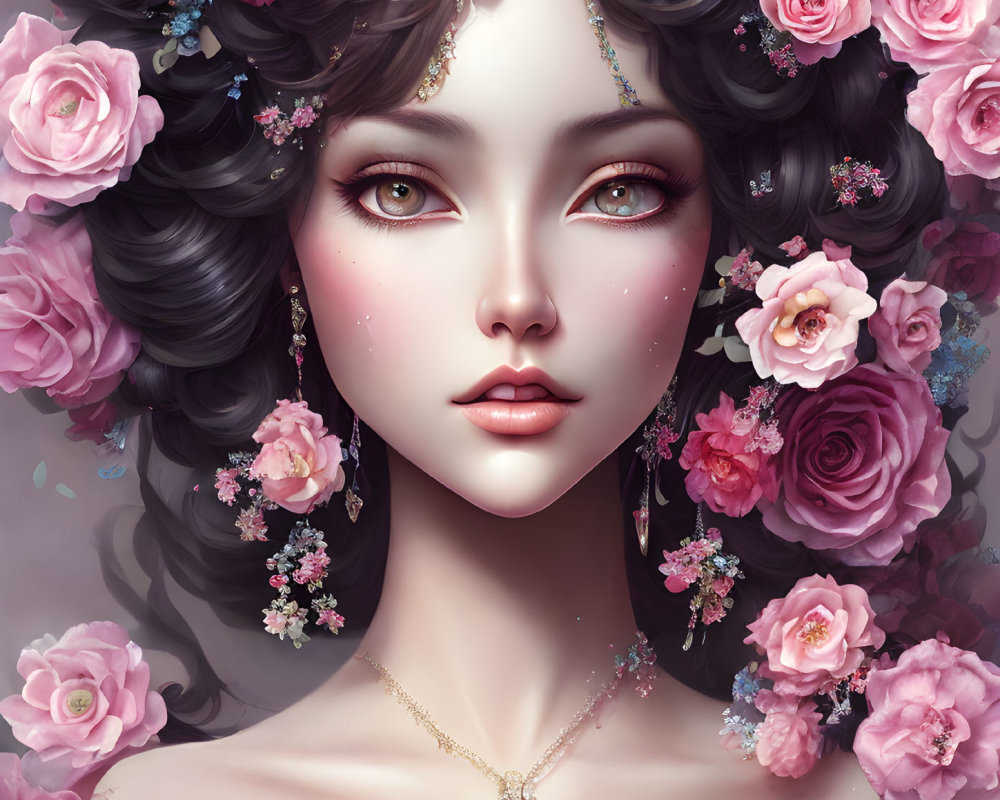 Fantasy Female Character Digital Portrait with Large Eyes and Floral Headpiece