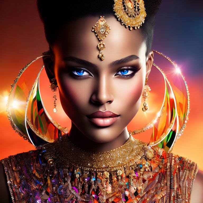 Portrait of woman with blue eyes, golden head jewels, hoop earrings, and sequined outfit against warm