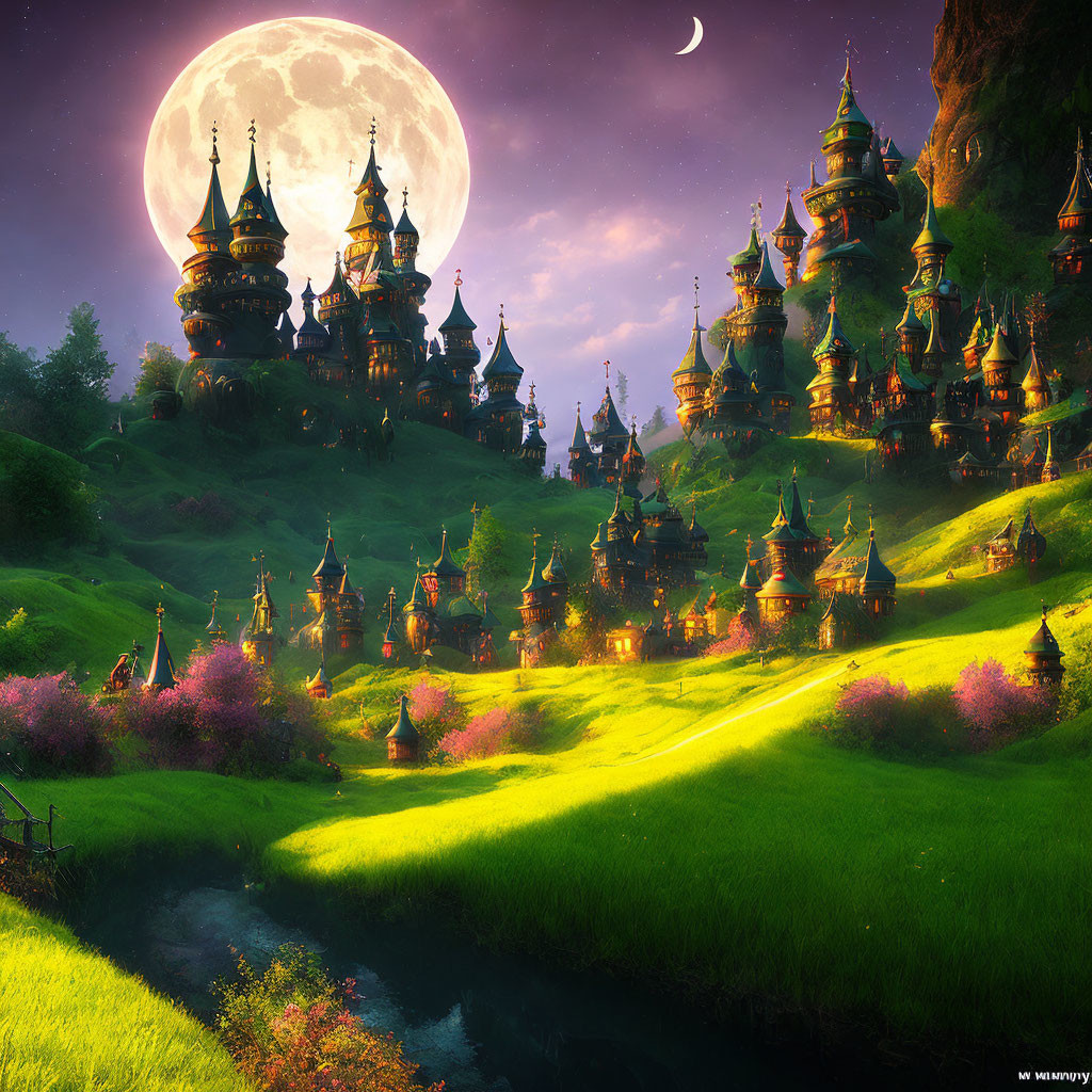 Fantasy landscape with oversized moon, illuminated castles, rolling hills, and lush greenery.