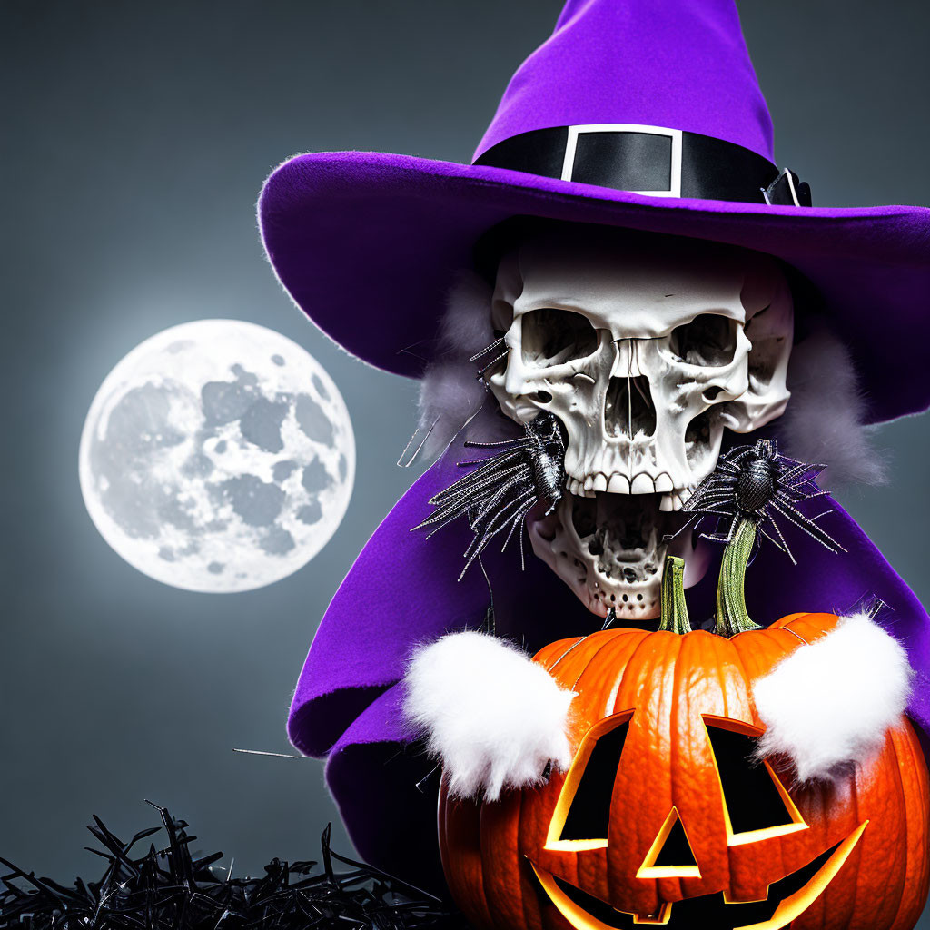 Skull with Purple Witch Hat Holding Carved Pumpkin on Full Moon Background