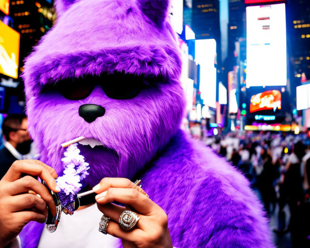 Vibrant purple furry costume with wolf-like head holding sunglasses in Times Square.