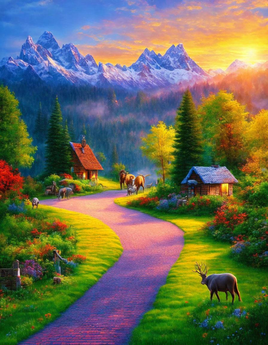 Scenic landscape with winding path, cottage, mountains, wildlife, lush greenery at sunset