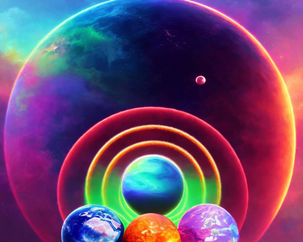 Colorful planets aligned in vibrant cosmic scene.