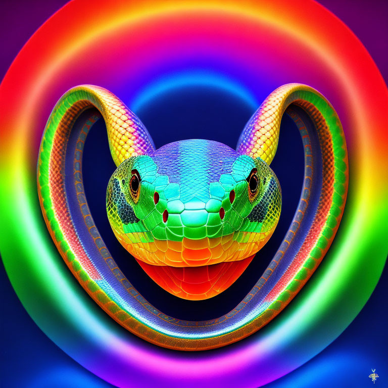 Colorful Snake Artwork with Neon Rainbow Circles