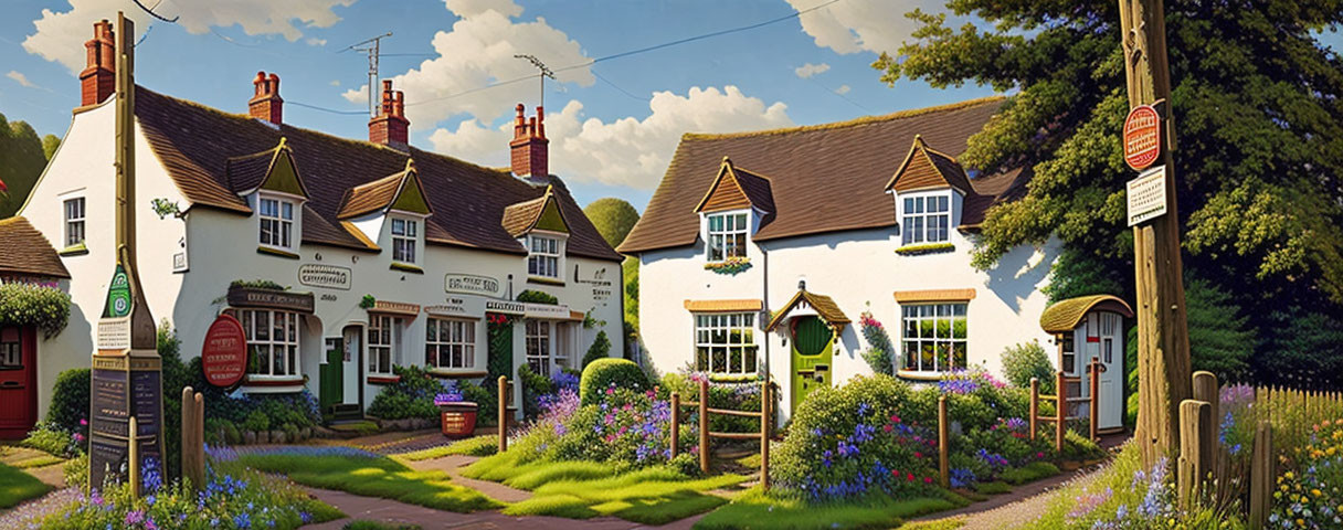 Picturesque white cottages and traditional pub in a quaint village setting