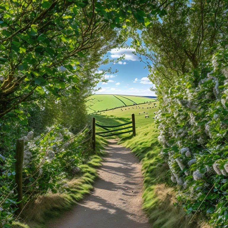 Tranquil country pathway with wooden gate and grazing cattle