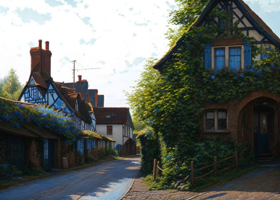 Traditional half-timbered houses on quaint village street under clear sky