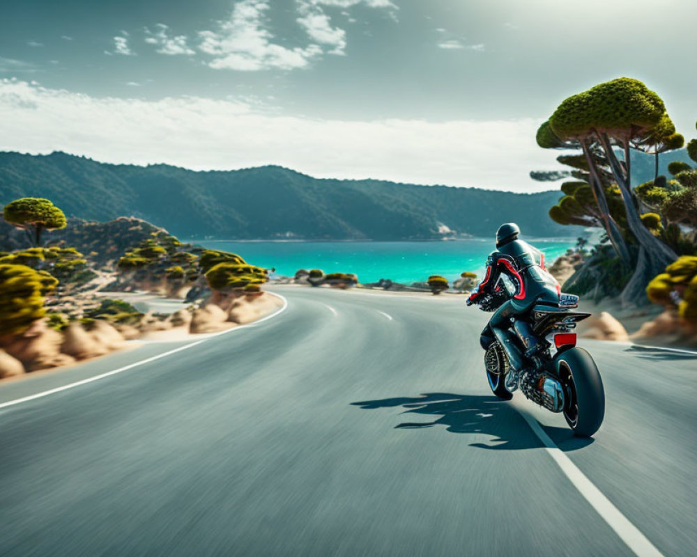 Motorcyclist leaning into turn on coastal road with lush greenery and clear blue bay