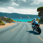 Motorcyclist leaning into turn on coastal road with lush greenery and clear blue bay