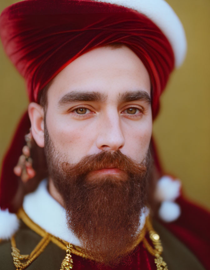 Man with full beard in red turban and Ottoman clothing.