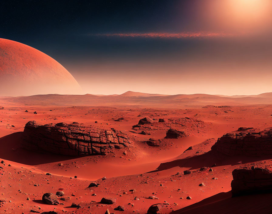 Red Martian Landscape with Rocky Outcrops and Dusky Sky