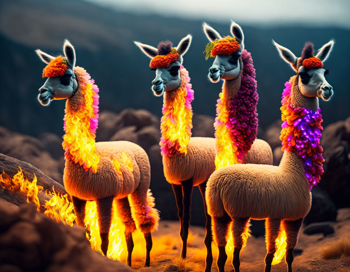 Colorful llamas with pom-pom adornments in rugged terrain