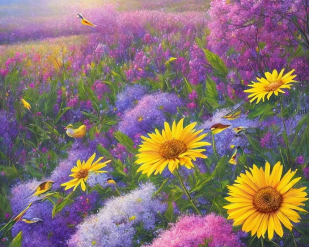 Colorful Field of Blooming Sunflowers, Purple Flora, and Pink Bushes with Birds
