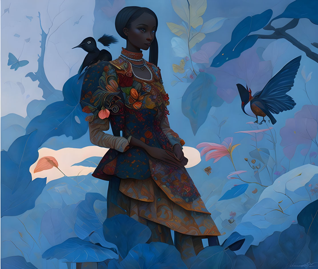 Regal woman in patterned dress surrounded by blue foliage and birds.