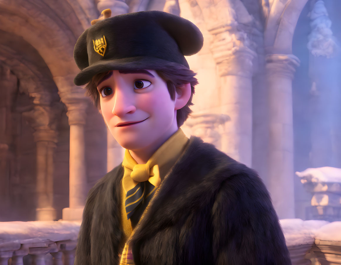 3D animated young male character in military-style attire against misty ancient building