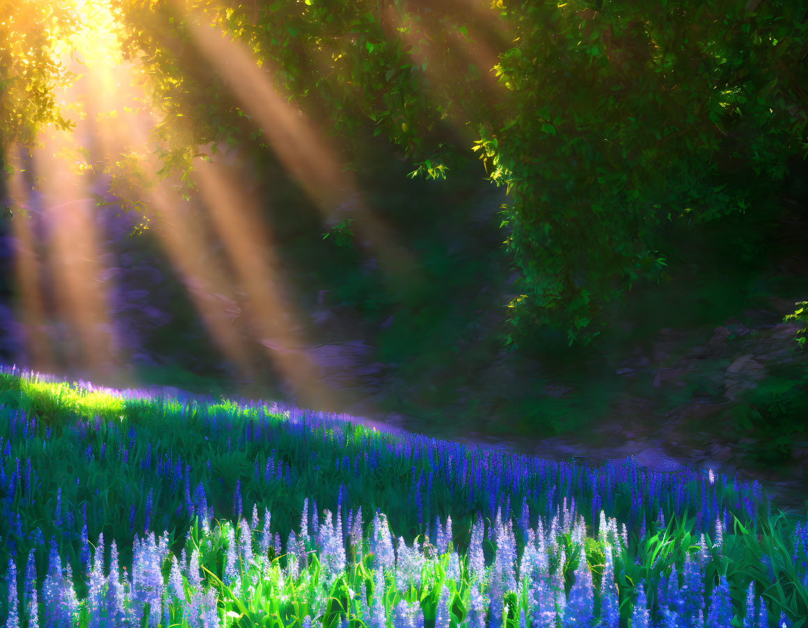 Sunrays shining through lush trees onto a field of blue purple flowers.
