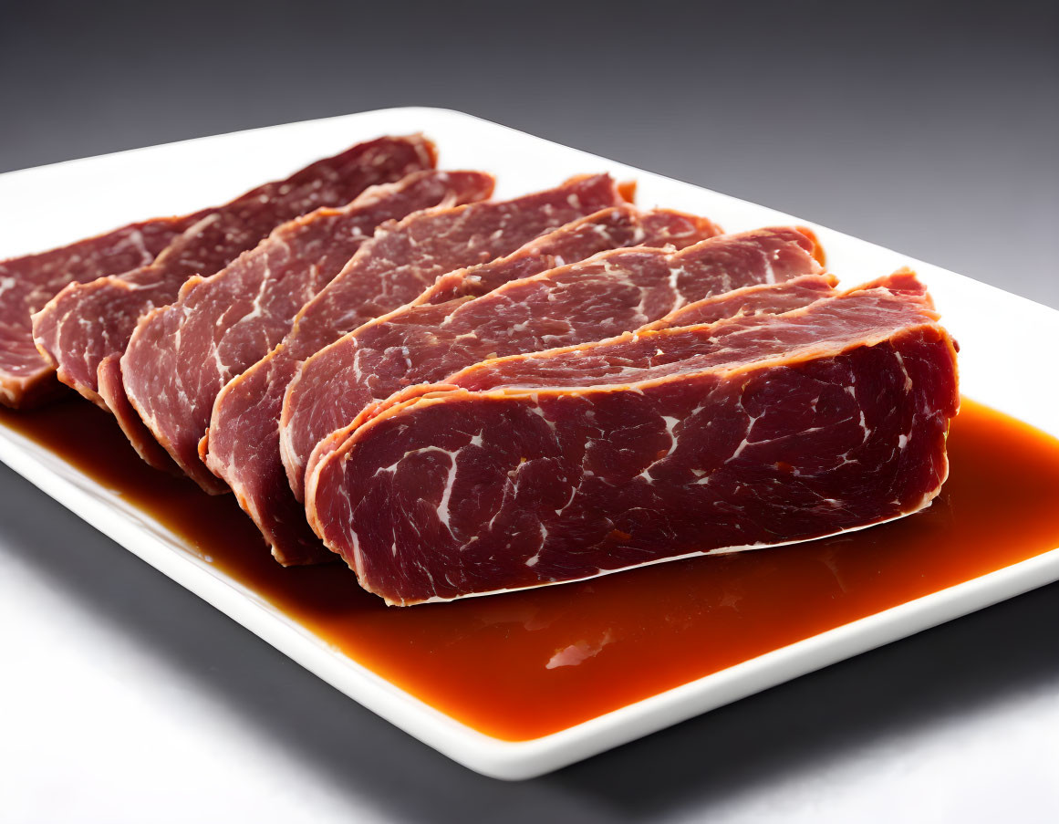 Glossy maroon marbled raw steak slices on white plate