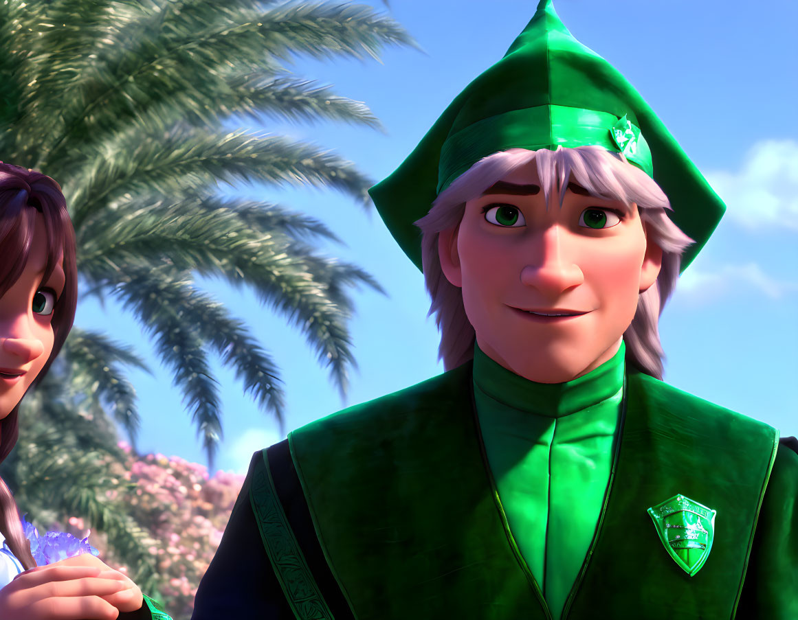 Colorful animated characters in vibrant costumes with a male figure in a green graduation cap and gown beside a