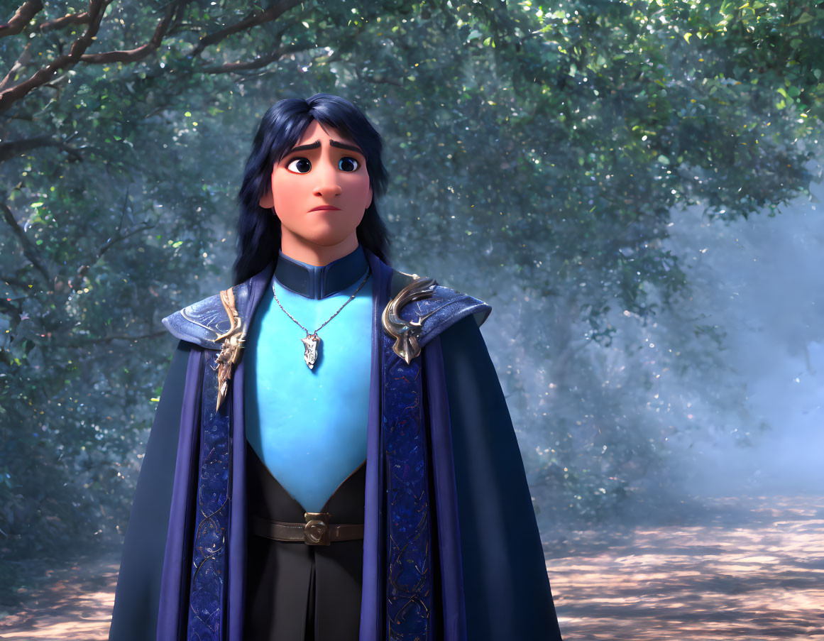 Long-haired 3D animated character in blue attire, standing in forest with pensive look