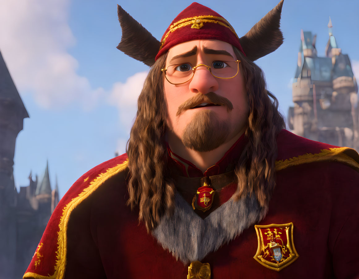 3D Animated Character with Glasses and Beard in Red and Gold Uniform Against Castle Background