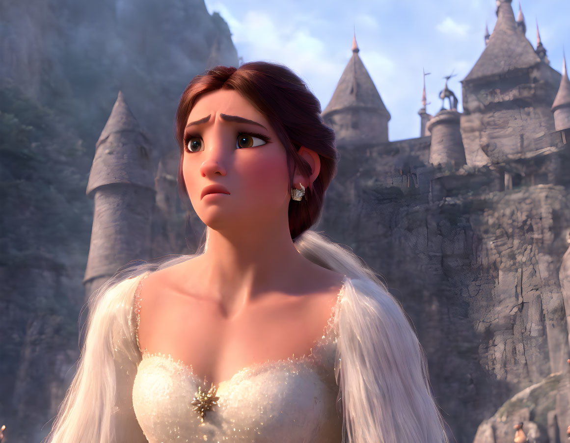 Animated female character in white gown with worried expression against castle backdrop