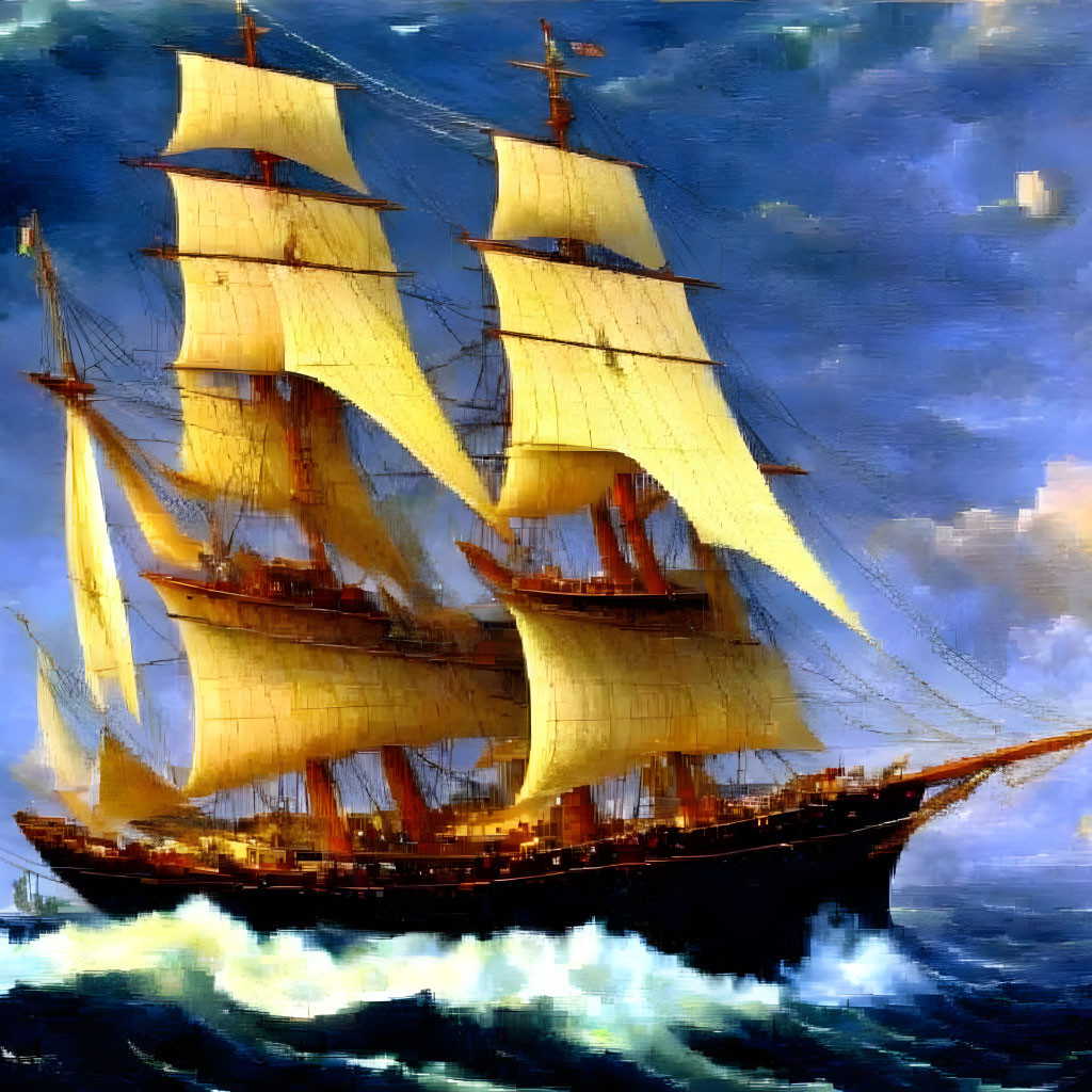 Sailing ship with multiple masts and billowing sails in turbulent sea