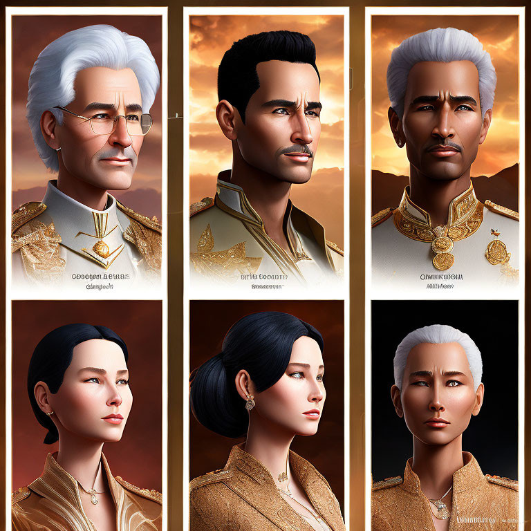 Six unique animated character portraits in regal attire against warm background