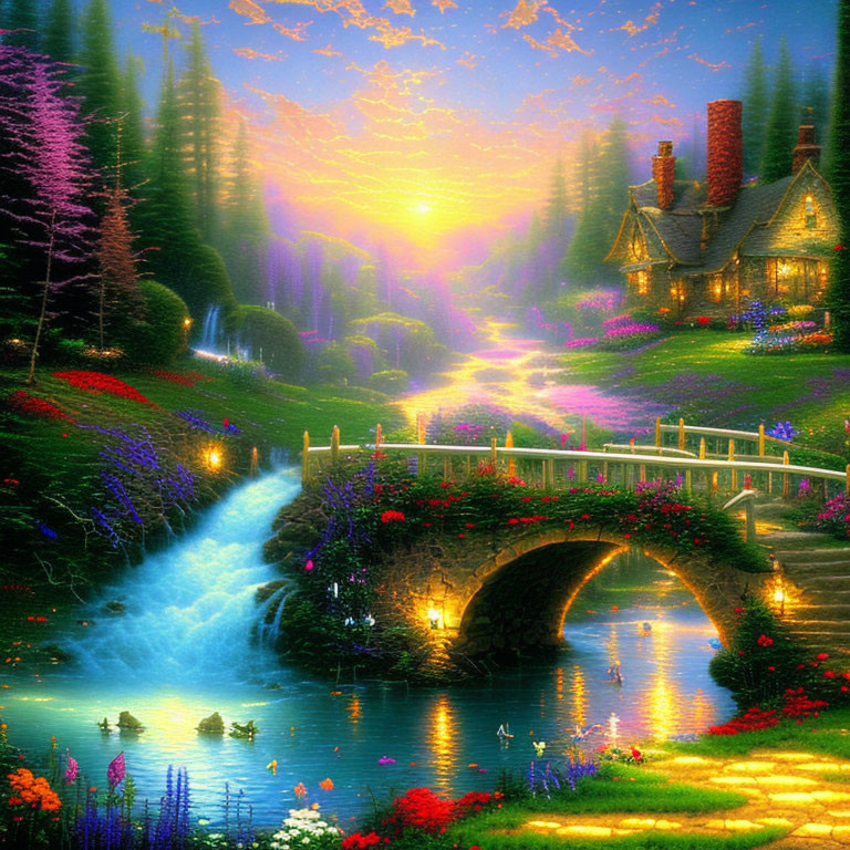 Cottage by Waterfall with Bridge, Stream, Flowers, and Sunset Sky