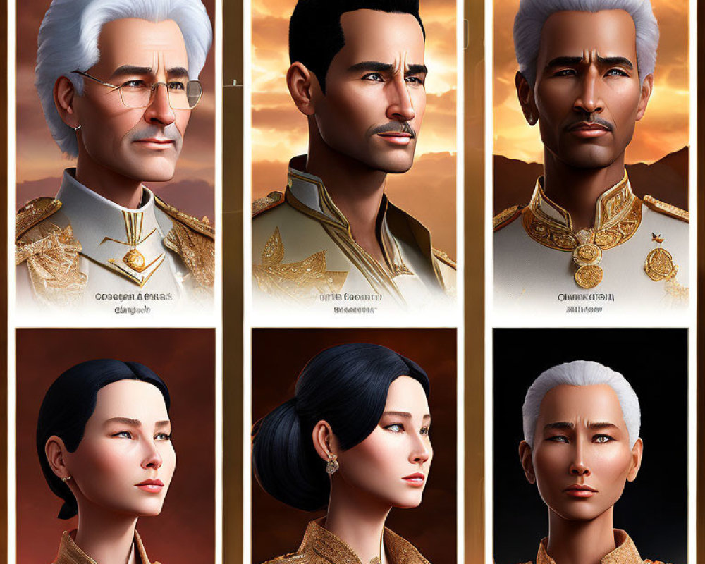 Six unique animated character portraits in regal attire against warm background