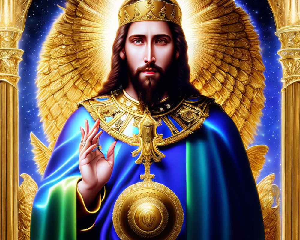 Regal bearded figure in halo and crown with blue and gold robes, surrounded by ornate frames