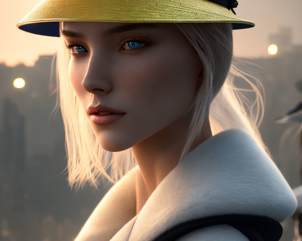 Digital portrait of woman with pale blue eyes in yellow hat and white coat against cityscape at sunset