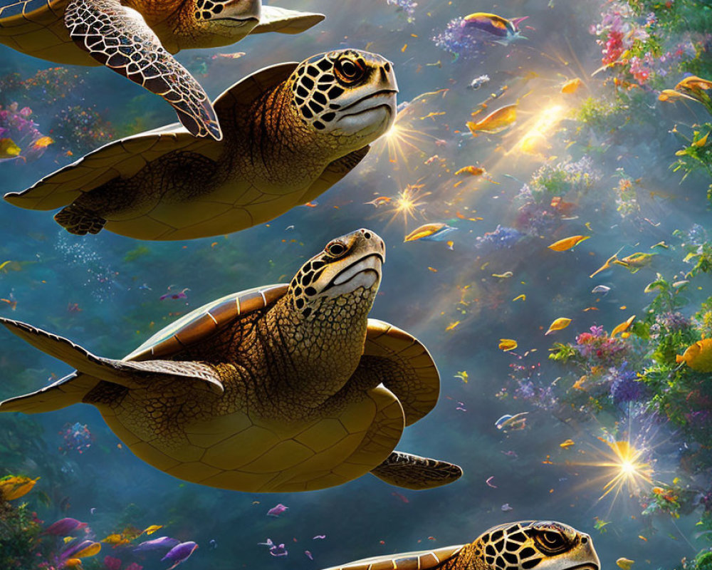Sea Turtles Swimming Among Colorful Coral and Fish in Sunlit Underwater Scene