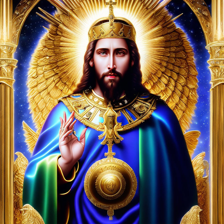 Regal bearded figure in halo and crown with blue and gold robes, surrounded by ornate frames